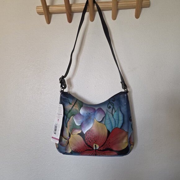 Anuschka by Anna 8310-MFL Handpainted Leather Crossbody Hobo Bag Floral NWT - Picture 2 of 16